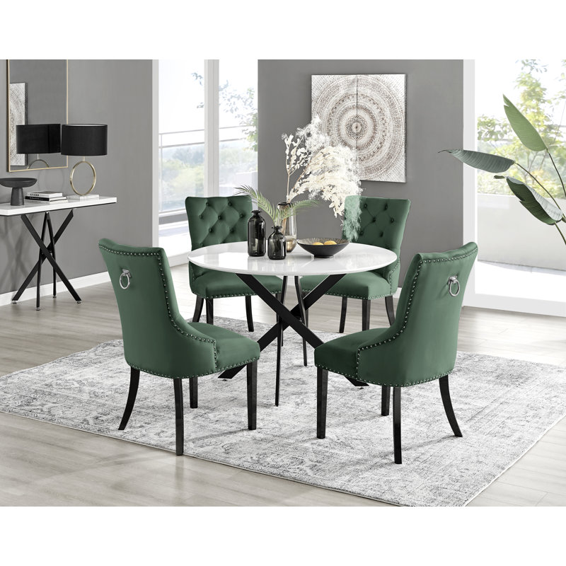 Tierra Modern Chrome Metal & Glass Round Dining Table Set with 4 Luxury Button Velvet Chairs, White High Gloss