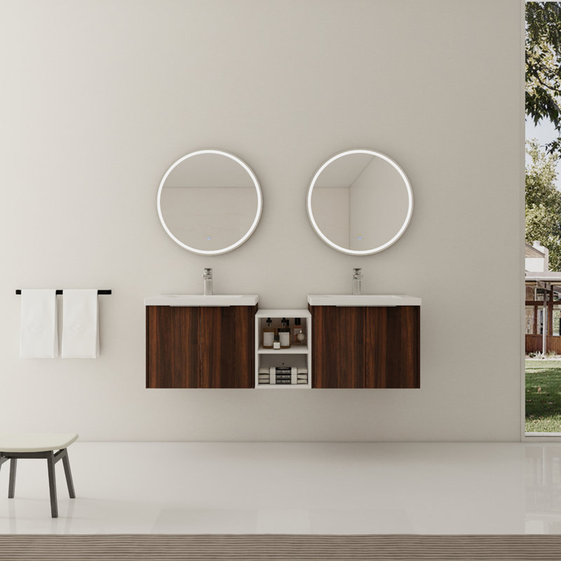 Ensemble de meuble-lavabo flottant à double porte 60 po avec lavabo en résine blanche, Noyer de Californie