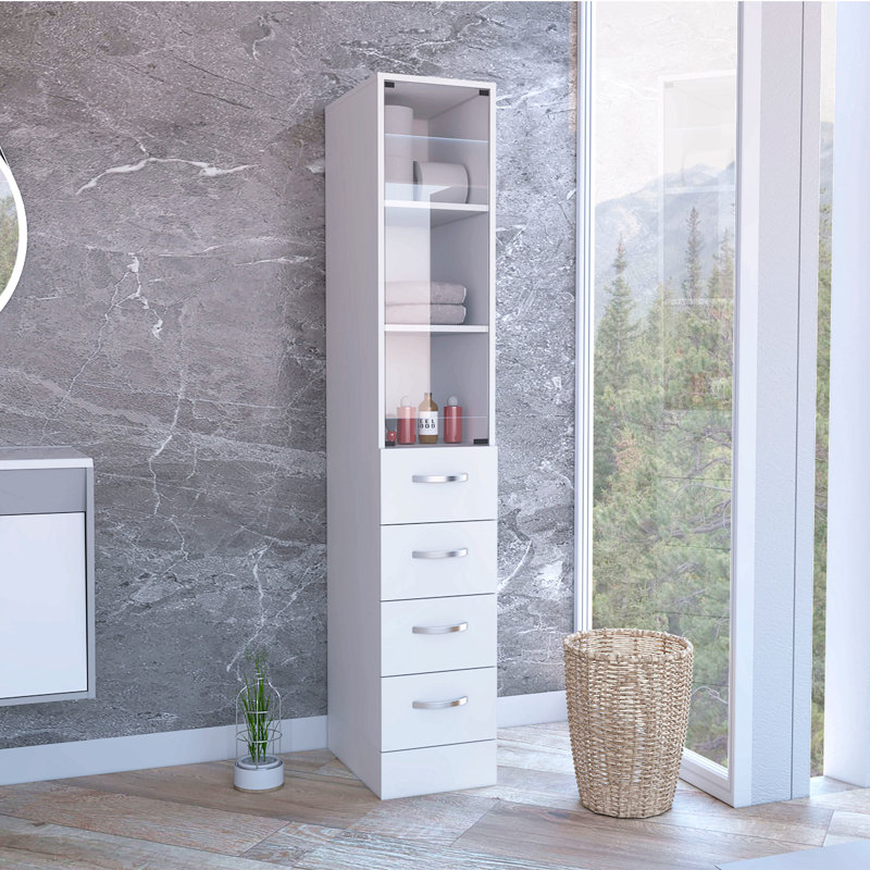 Linen Cabinet 68" H, Three Shelves, Four Drawers And Metal Handles, White, Satin