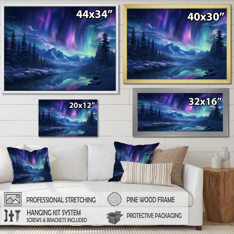 Northern Lights I - aurore boréale, art mural pour le salon, H 12 po x l 20 po x P 1 po, Cadre simple blanc