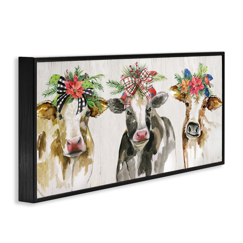 «Three Cows Seasonal Floral Crowns» encadré sur bois par Nan, H 10 po x l 24 po x P 1,5 po, Giclée encadrée noir minuit