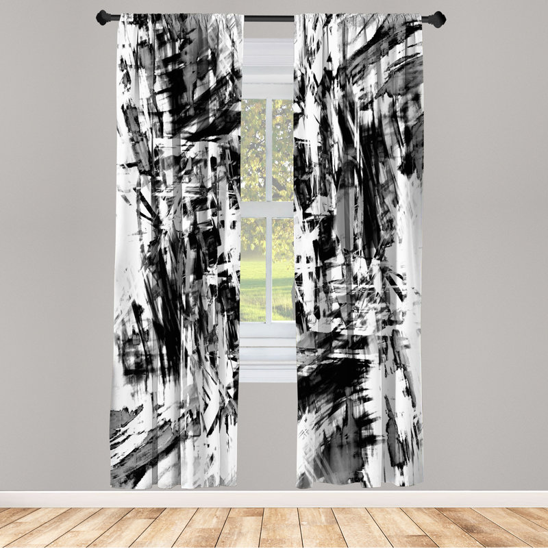  Black and White Curtains, Grunge Art, 56" W x 63" L, White Black/Grey