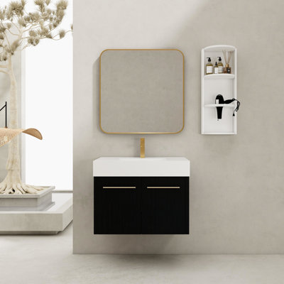Meuble-lavabo de salle de bain de 30 po, lavabo en résine, support de rangement assorti, portes à fermeture en douceur, combinaison eau-matériau avec meuble-lavabo, lavabo à rebords épais, trois rangements, facile à nettoyer