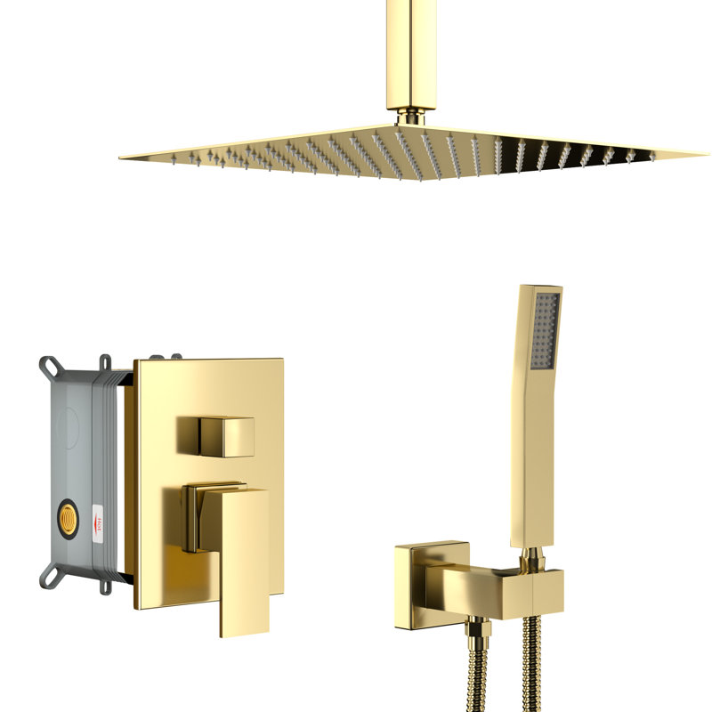 Dual Function Shower - 16 Inch Ceiling Mount Square With Rainfall And Hose Kit System In Head Handheld Functions, Gold