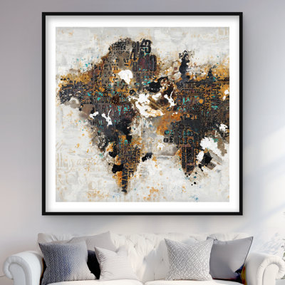 Abstract World Map Print - Brown Typo & Symbols Decor