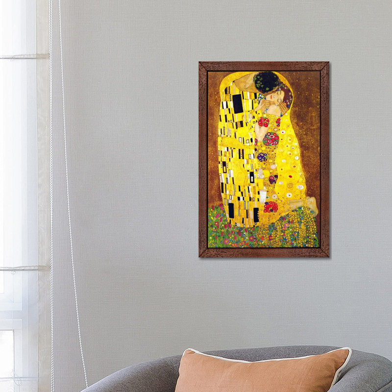 The Kiss by Gustav Klimt - Painting on Canvas, Brown Floater Framed, 101.6 cm H x 66.04 cm W