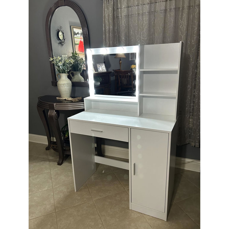 Bedroom Dressing Table With Lights - 3 Lighting Modes, Large Storage, Particle Board Construction Vanity Desk Mirror, Spacious Storage Dresser, White For