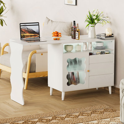 Expandable Bar Counter with LED Lights, Adjustable Shelves, and Retractable Table for Versatile Use in Modern Homes