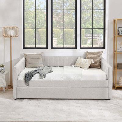 Daybed with Trundle Upholstered Sofa Bed, with Vertical Stripes, Linen Fabric by Latitude Run