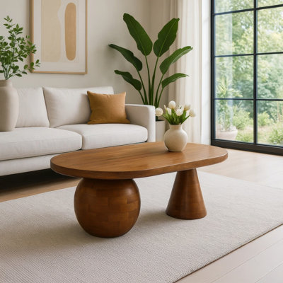 Leeds Coffee Table 38" Handmade Walnut Brown Mango Wood Oval Top, Round Ball And Cone Base