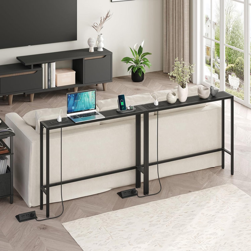 Narrow Console Sofa Table With Charging Station, Skinny Behind Couch Table For Living Room, Hallway, Foyer, Built-In Power Outlets, Space-Saving Design, Sturdy Construction