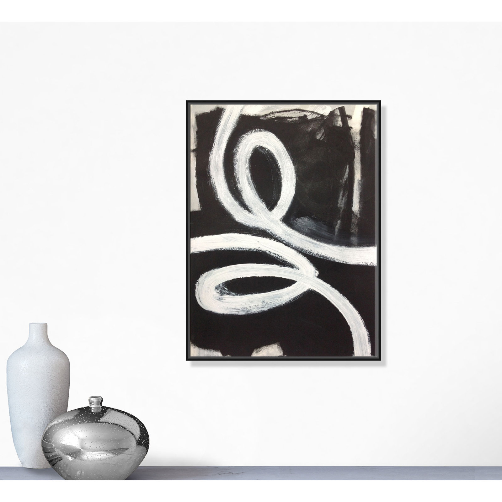 Hendrix "White Swirly Swirls 1" Print, 40" H x 30" W x 2" D, Black Framed