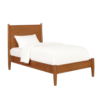 Twin Platform Bed Of Mid - Century Allure, Oak Finish, Solid And Engineered Wood, Tapered Legs Size Modern With Legs, Slatted Base For Firm Support