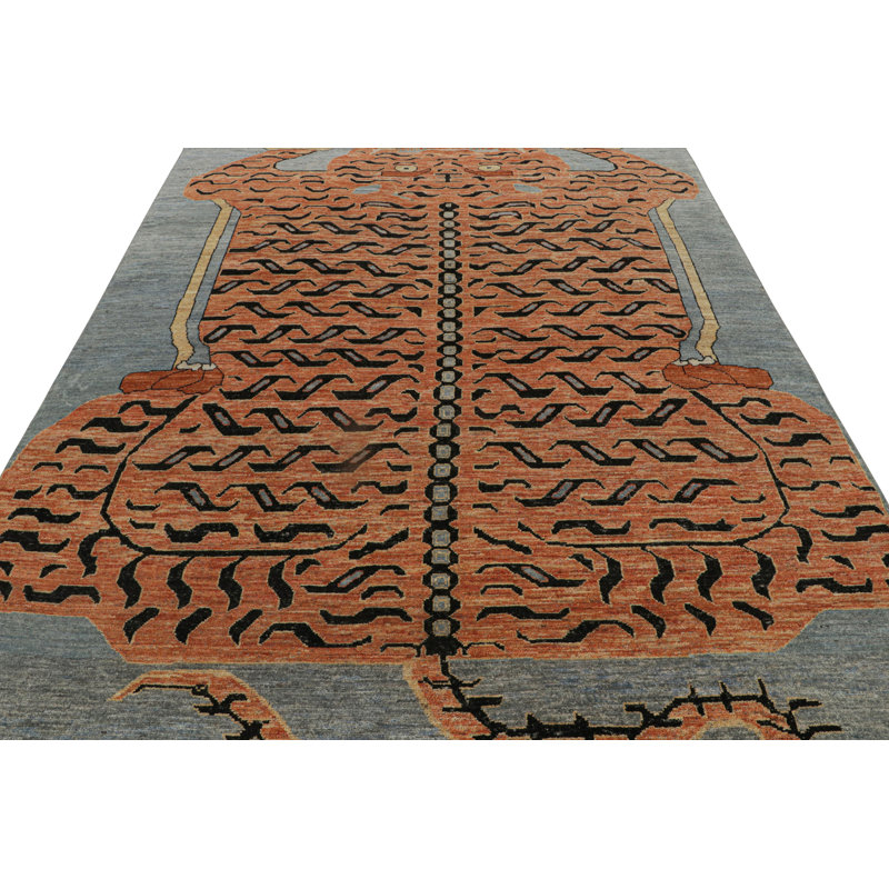 Rug & Kilim’S Pictorial Tiger-Skin Rug In Orange, Blue And Black, Rectangle 10' x 14'
