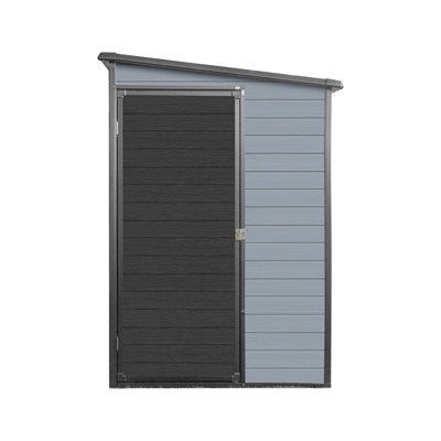 Abri de jardin extérieur en résine 4 x 8 pi avec plancher et porte verrouillable, polyvalent pour le rangement d'outils pour abris pour animaux, résine à double couche contre la corrosion, structure en acier galvanisé de 0,6 mm gris + rangement de patio en plastique noir 2