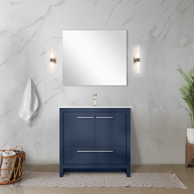 Meuble-lavabo bleu marine l 36 po x P 20 po, comptoir en quartz blanc, robinet en nickel brossé et miroir de 28 po