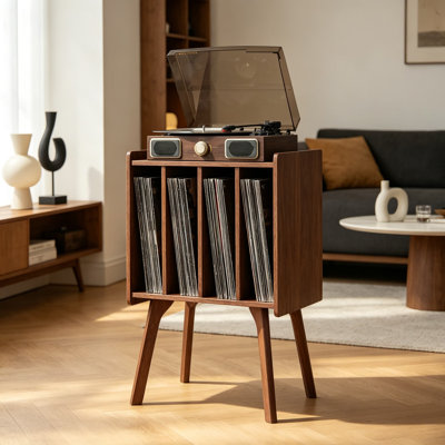 Support pour tourne-disque avec 4 cubes de rangement, table de rangement pour disques vinyles pouvant contenir jusqu'à 100 albums, support de table tournante Mid-Century avec pieds en bois massif, tablette de présentation brun rustique pour le salon de la chambre à coucher