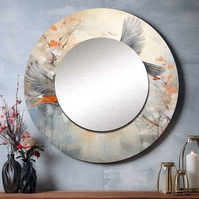 Oiseau Avian Symphony I - miroir oiseau, miroir mural décoratif rond moderne, impression d'art en métal