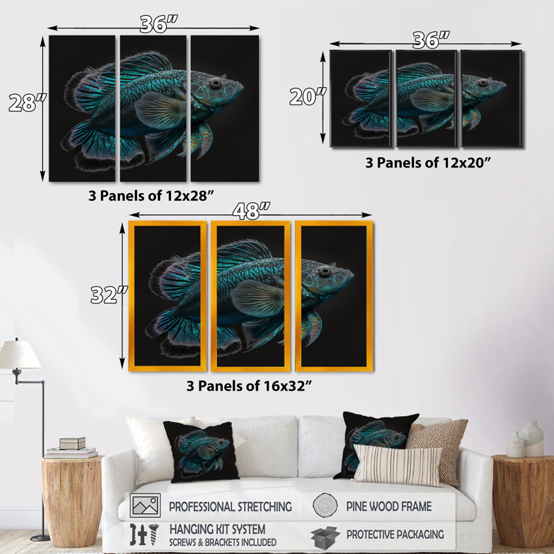 Mystérieux poisson bleu tropical dans des tons de bleu III, H 28 po x l 36 po x P 1 po, Toile avec cadre doré