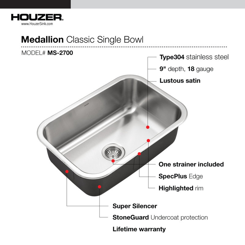 Évier de cuisine à simple cuve en acier inoxydable avec crépine Houzer de 27 po - MS-2700-1