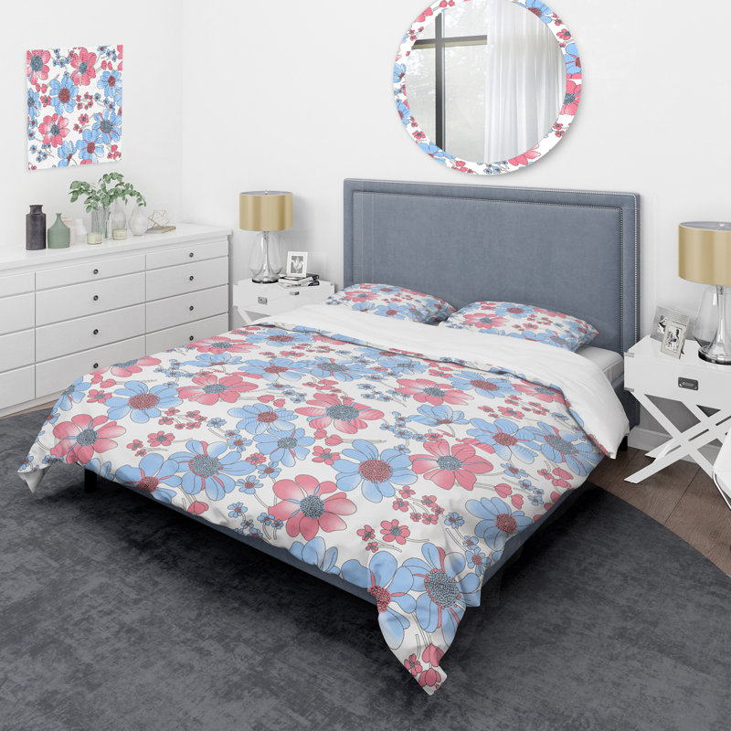 Ensemble de housse de couette floral bleu et rose - Polyester en microfibre