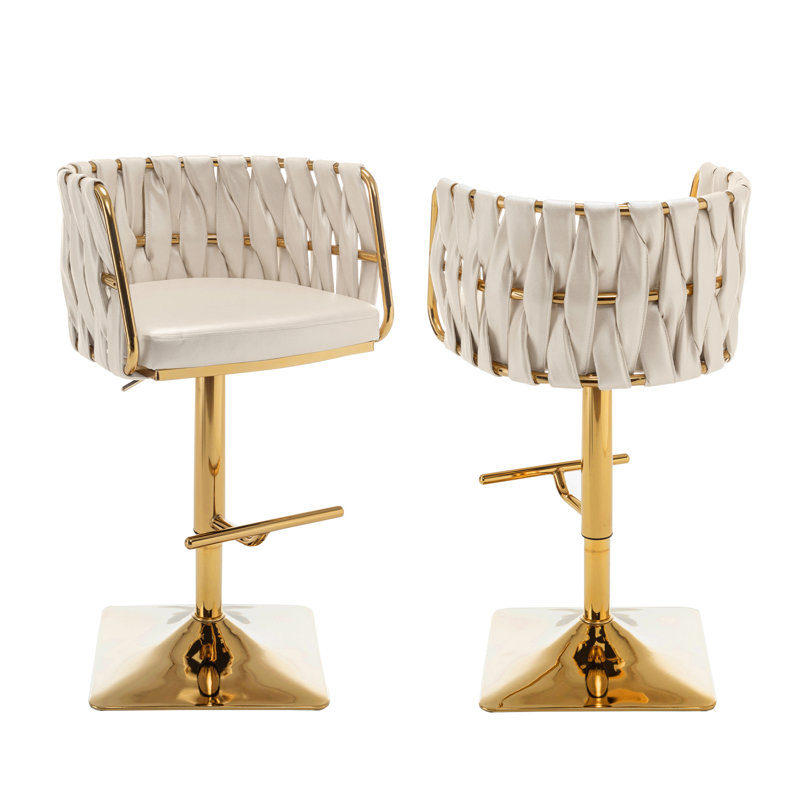 Tabouret pivotant à hauteur réglable Mancias, Similicuir blanc cassé, Or