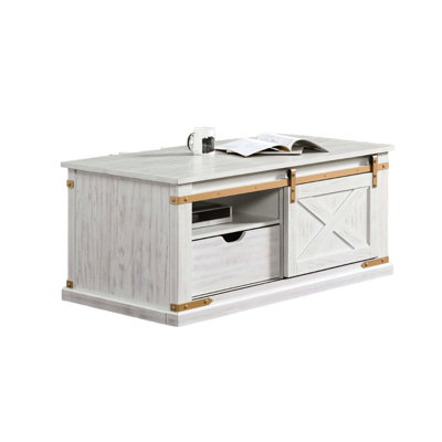 Antique White And Gold 1Pc Coffee Table With Center Glide Drawers And Solid Wood Body Rustic In Open Shelves, Drawer Accessible From Both Sides, Metal Accents For Living Room