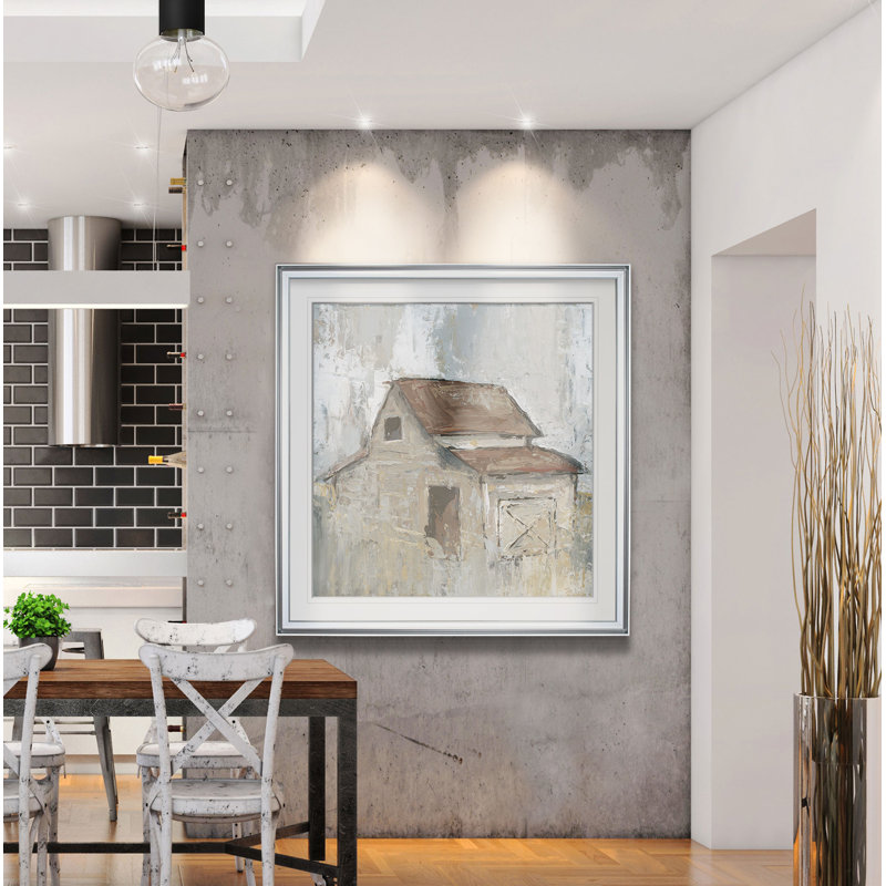« grange à midi », peinture, H 24 po x l 24 po x P 1,5 po, Cadre argenté