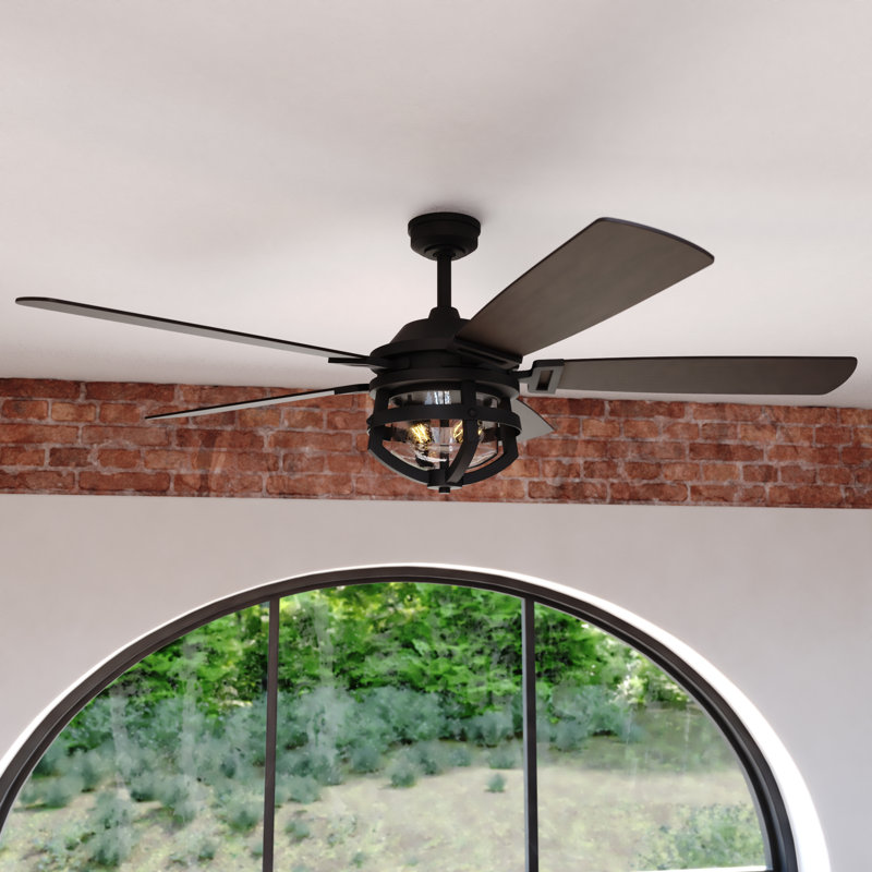 Gil 54 in. Matte Black and Rustic Oak Indoor Outdoor Rod Mount Farmhouse Ceiling Fan with Reversible Driftwood-Black Walnut Blades, Dimmable LED Light Kit and Remote Control Included, 3 Speeds