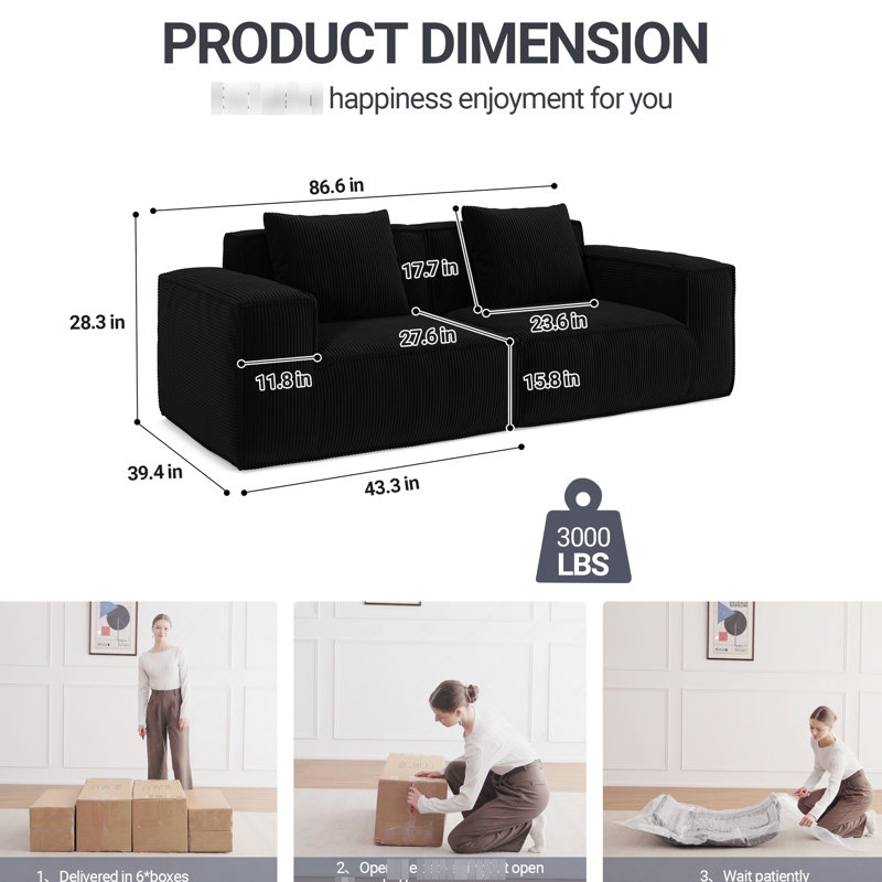 Lit modulaire convertible 2 places Altamirano, matériau en velours de velours côtelé noir, support en éponge, large, profondeur plus profonde, dossier surélevé, petits coussins, sans assemblage pour diverses pièces de la maison et de l’appartement modulaire