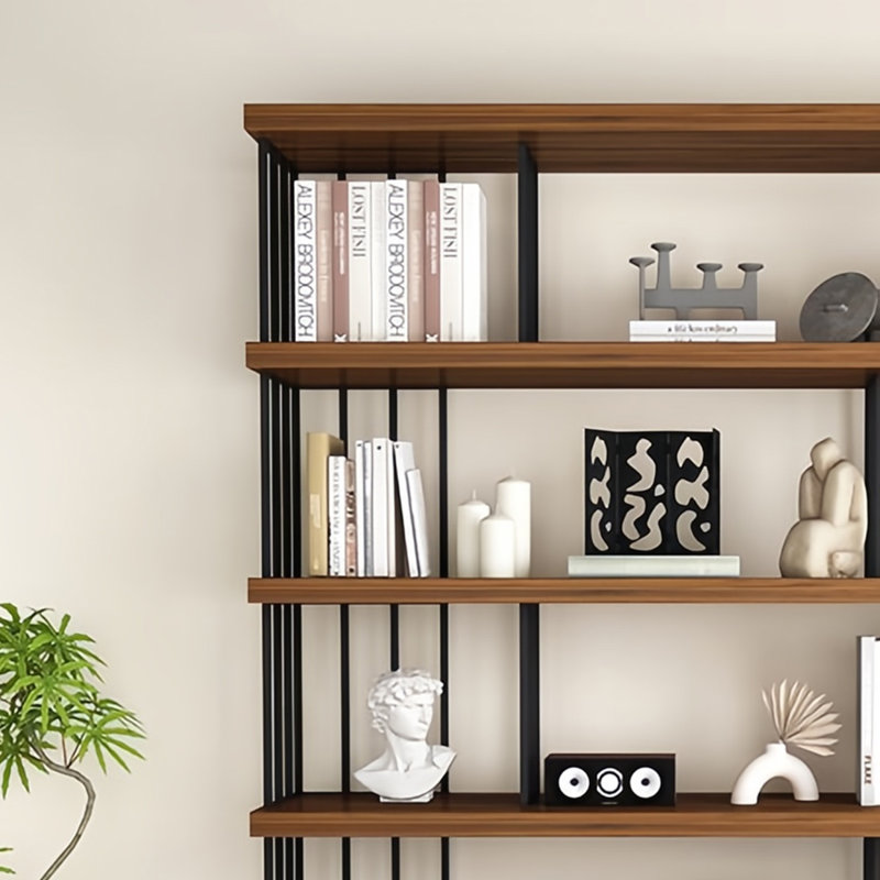 Bibliothèque classique de style rangement, (5 Shelves) 75.9"H x 70.8"W x 13.7"D, Brun foncé / noir