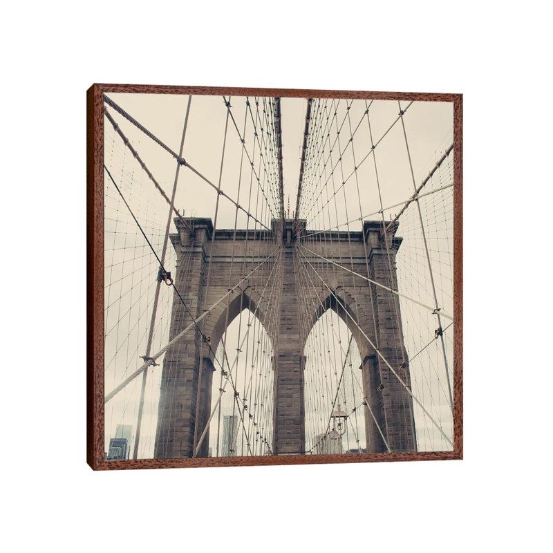 Brooklyn Bridge by Caroline Mint - Print on Canvas, 45.72 cm H x 45.72 cm W, Classic Brown Wood Framed