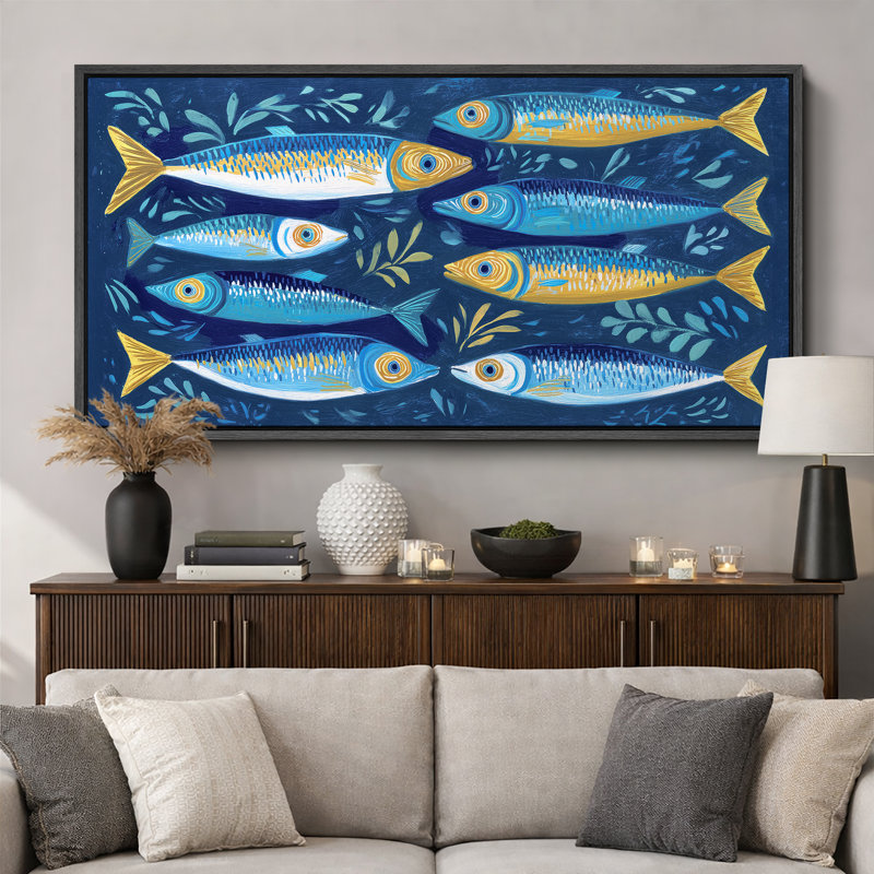 Impression sur toile encadrée, "Blue Fish", Noir, H 30 po x l 60 po x P 1,5 po