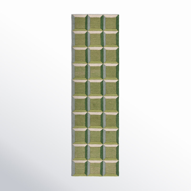 Giedre Geometric Hand Tufted Cotton/Wool Area Rug in Green/Beige, Runner 2'3" x 8'