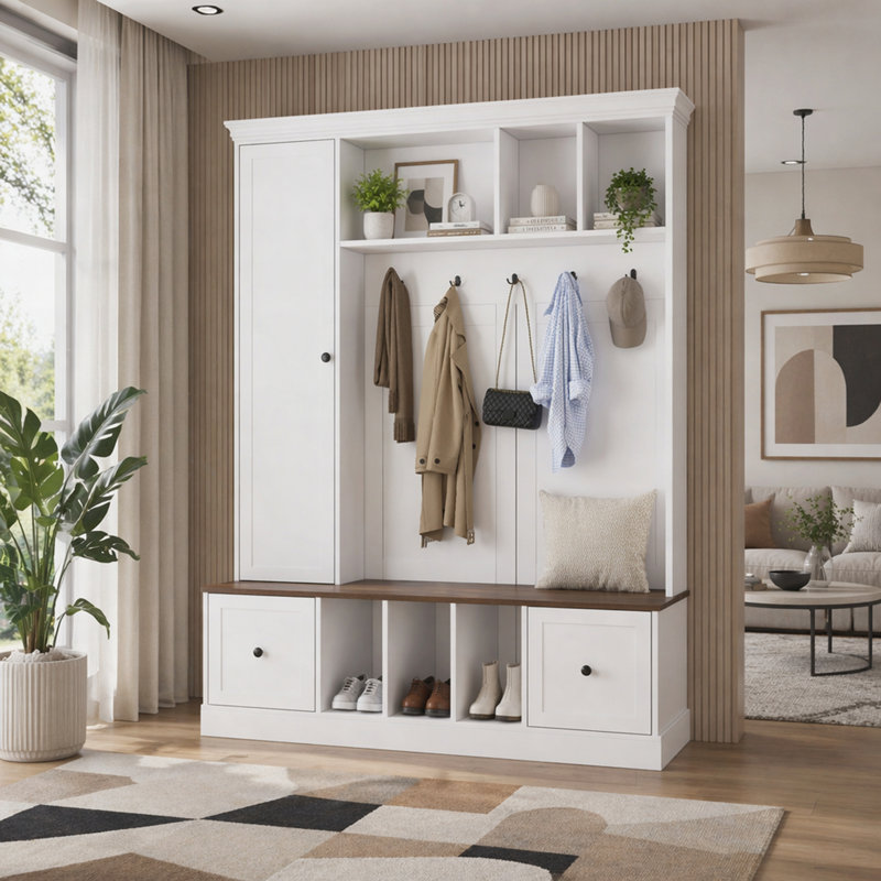 Arbre d'entrée 62,2 po avec banc de rangement pour chaussures, porte-manteau d'entrée avec 5 crochets, armoire réglable et tiroirs