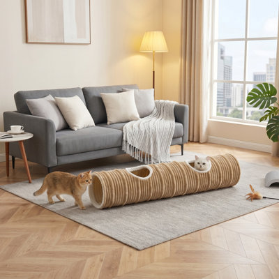 Collapsible Straight Cat Tunnel, 11.8" Diameter, with Play Ball and 2 Holes, for Indoor Cats, Rabbits, Ferrets, Puppies, Large Pets
