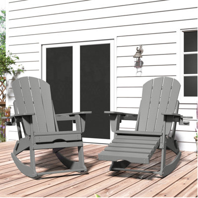 HDPE Adirondack Folding Rocking Chair With Retractable Ottoman And Cup Holders