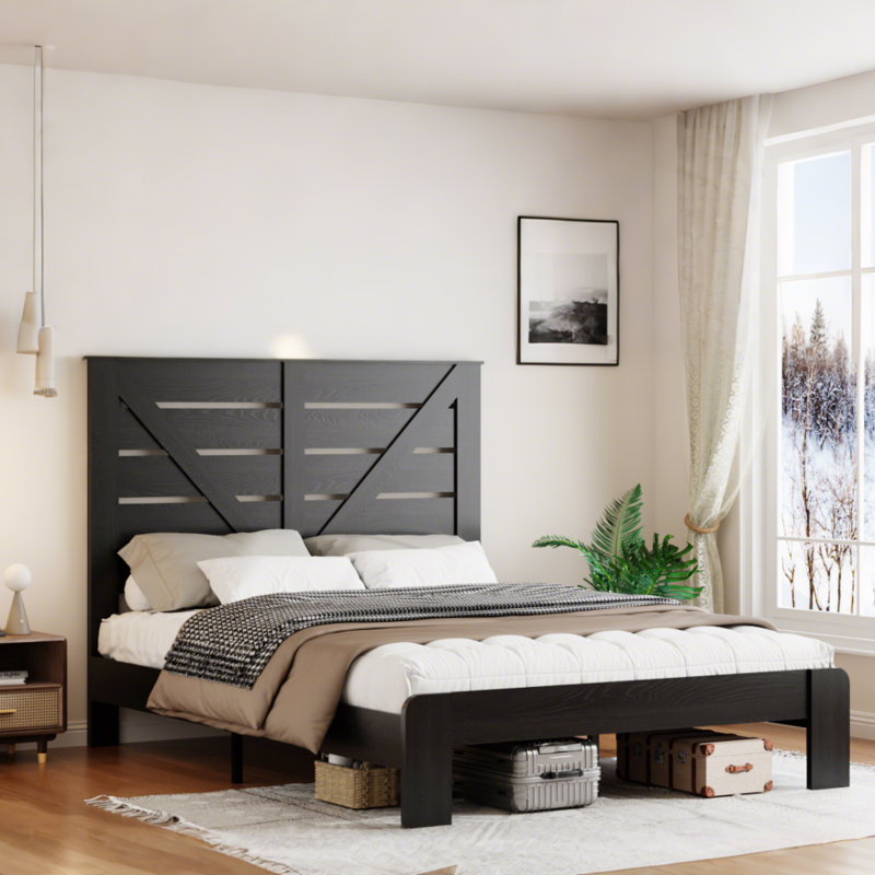 Base de lit plateforme en bois avec tête de lit, Noir, Très grand
