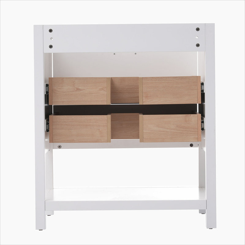 White and Gold 30" Bathroom Vanity Cabinet with Open Storage