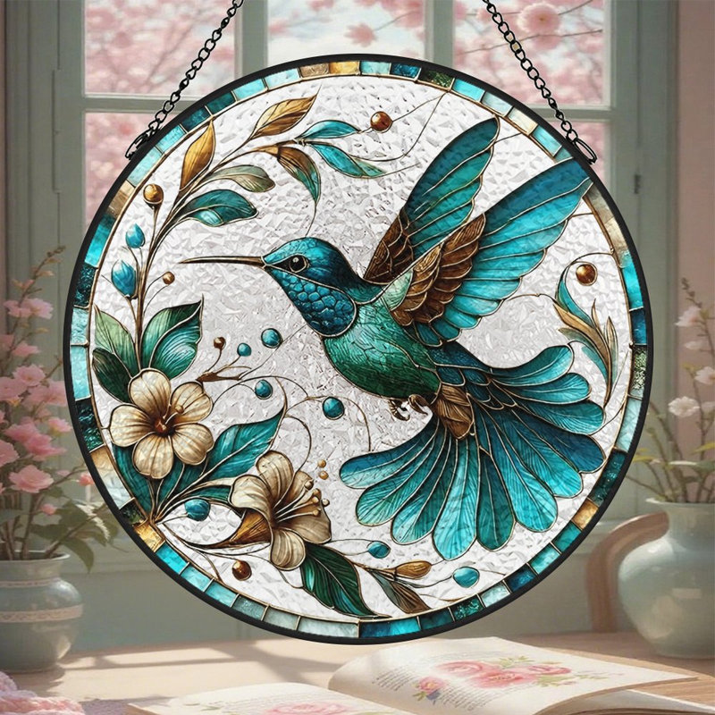 Vitrail colibri parmi les fleurs, 11,8 x 11,8 po (30 x 30 cm)