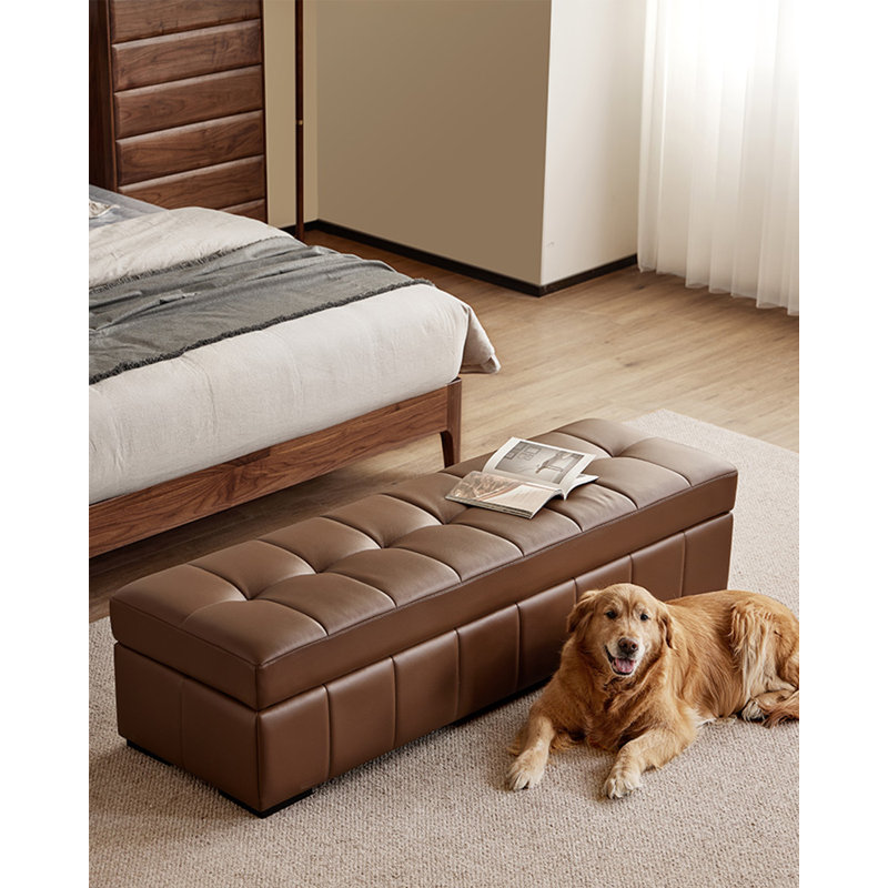 Repose-pieds de luxe rectangulaire en bois massif avec rangement, Cuir fleur brun