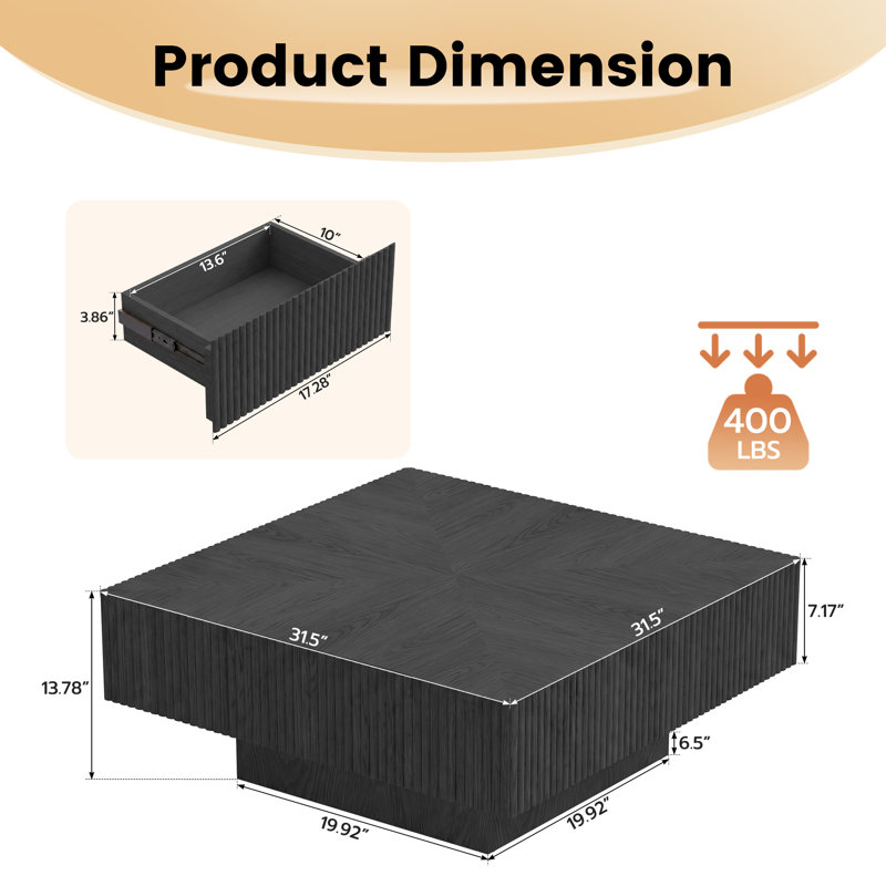 31.5 Inch Solid Wood Square Coffee Table With 2 Drawers, Handcrafted Ash & Oak Fluted Design, 13.8" H x 31.5" L x 31.5" W