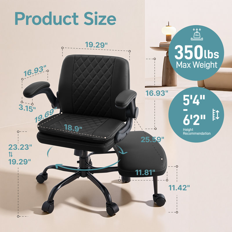 High Back Ergonomic Office Chair - Adjustable Swivel Chair with Lumbar Support, Flip-Up Arms, Retractable Footrest & Brown Diamond PU Leather for Home Office Desk-Black