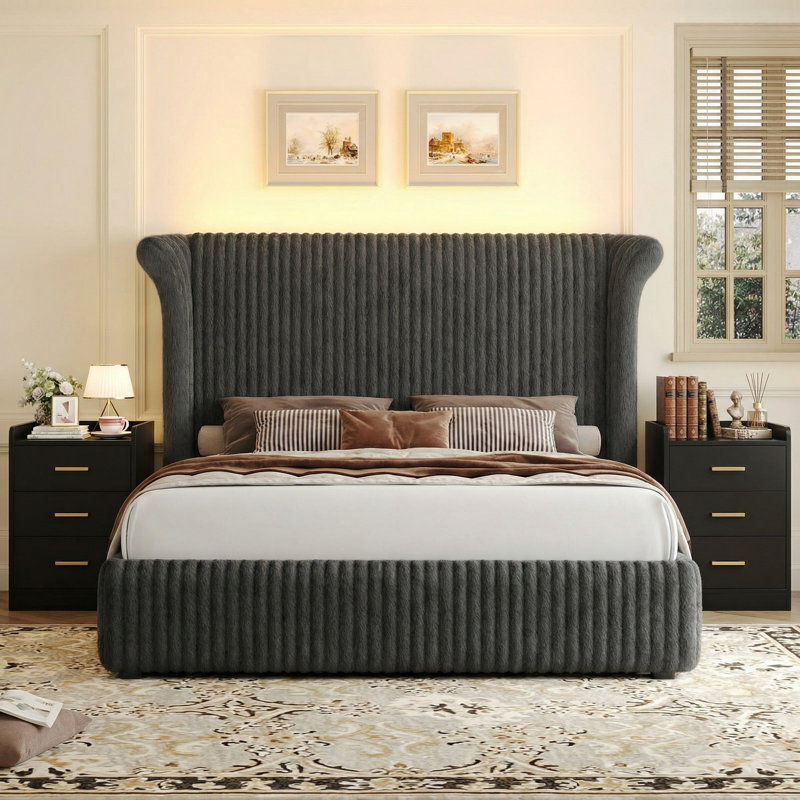 Ensemble de chambre à coucher 3 pièces, lit tapissier avec 2 tables de chevet avec 3 tiroirs et chargement USB, taille compacte pouvant servir de tables d'appoint