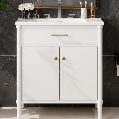 Meuble-lavabo de 31 po en blanc, lavabo en céramique, portes à fermeture en douceur, profil incurvé, structure en bois d'hévéa, accents dorés mat, coffre-fort pour personnes âgées et blanc avec tablette ajustable