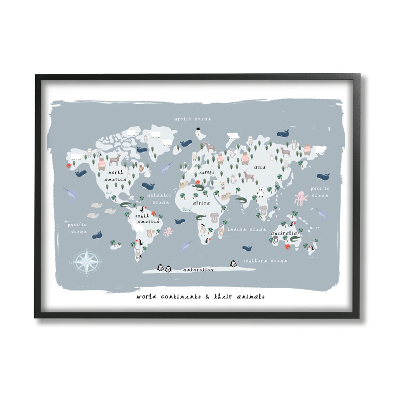 Carte du monde doux et des animaux de la région - bleu doux - impression, H 11 po x l 14 po, Giclée encadrée noir minuit