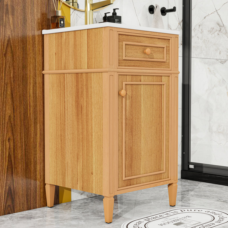 Meuble-lavabo de salle de bain avec lavabo en céramique, tablettes réglables, tiroir rabattable et portes à fermeture en douceur