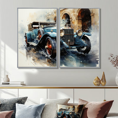 Une aquarelle capturant une voiture rétro - décoration murale rétro surdimensionnée
