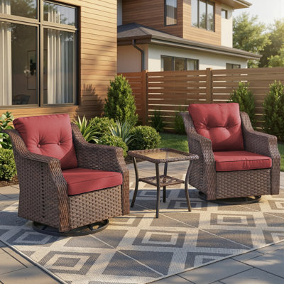 Chaises berçantes pivotantes d'extérieur en rotin 3 pièces avec table d'appoint en verre