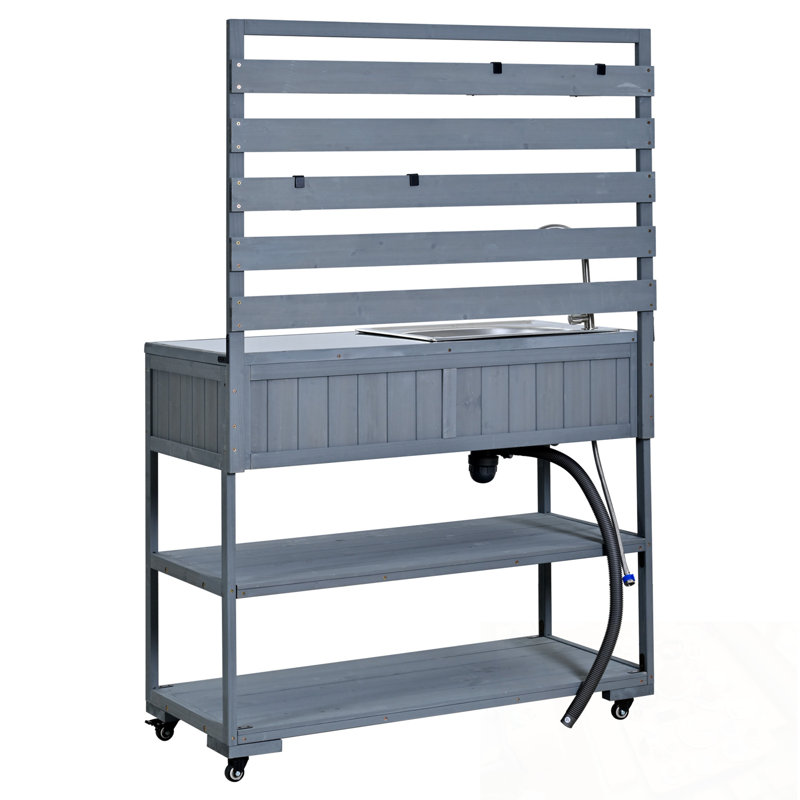 Chariot de cuisine avec évier, plateau de table en acier inoxydable, 2 tablettes mobiles et 1 ouvre-bouteille, Gris